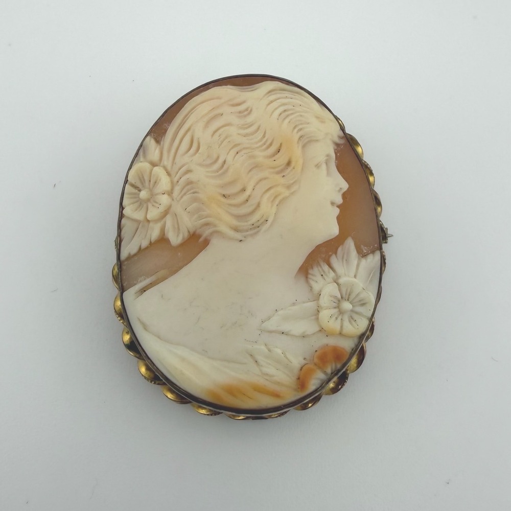 Vintage 1/20 12K Gold Filled Shell Cameo Brooch Pendant Hand Carved Floral Lady